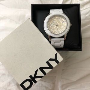 DKNY White Band with Rhinestoned Face Watch